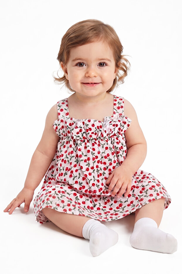 Baby Girl White Red Cherry Patterned Muslin Dress