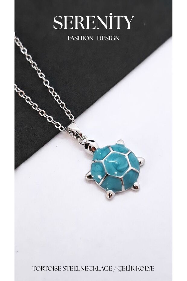 Steel Necklace with Blue Turtle Figure