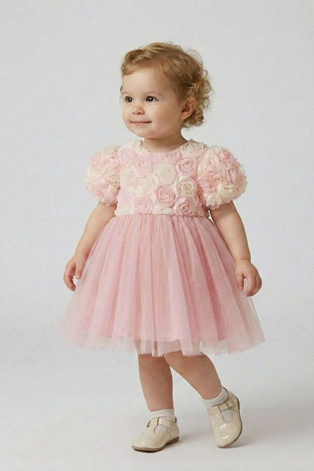 Rose Detailed Bowknot Baby Evening Dress