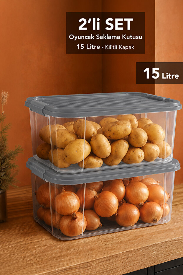 2 Pieces 15Lt Elora Organizer Box - Erzak Food and Food Storage Container with Lockable Lid Organizer Gray