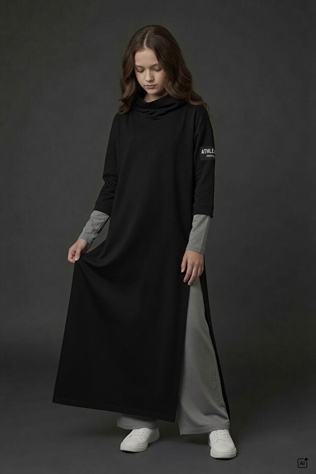 Black Hooded Tunic Dress and Pants Girls' 3-Piece Set 24745