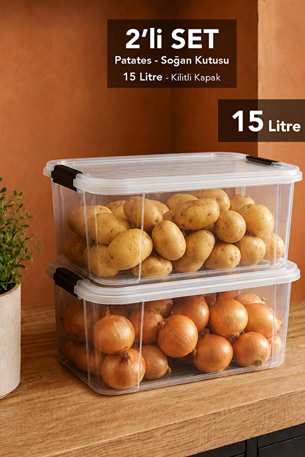 2 Pieces 15Lt Elora Organizer Box - Erzak Food Storage Container with Lockable Lid Organizer Transparent