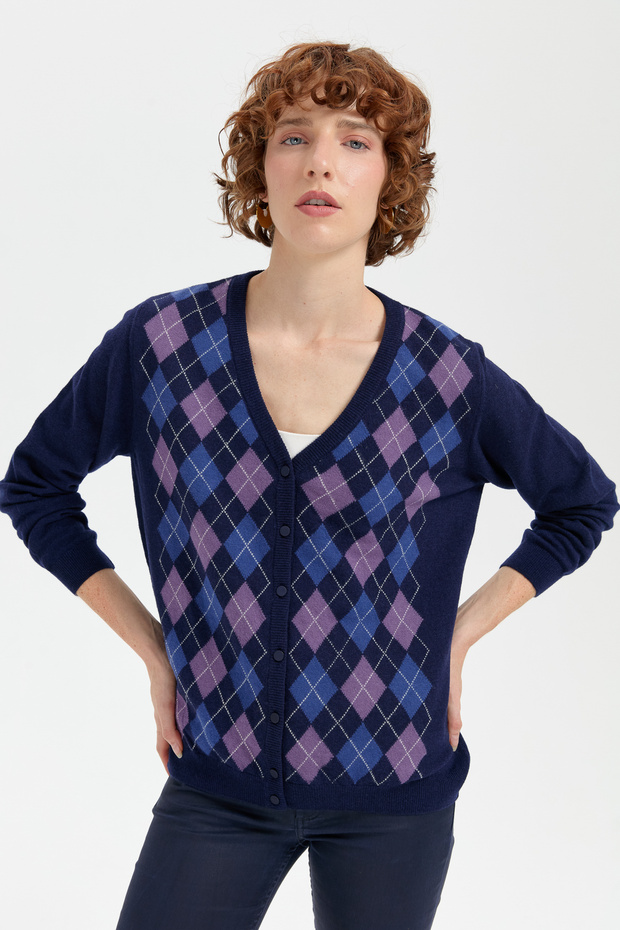 Women's V-Neck Cardigan with Diamond Pattern on the Front Y.A Navy Blue