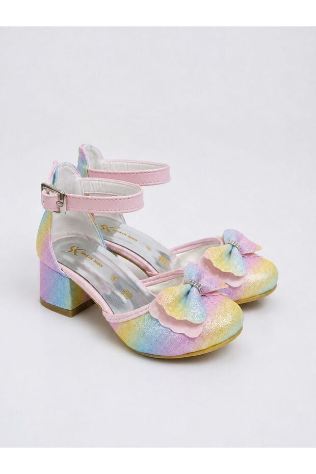 Sparkling Rainbow-Colored Stones and Bows Girls' Heeled Evening Dress Shoes