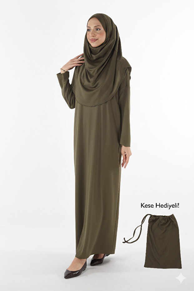 Practical One-Piece Non-Slip Hijab Easy-To-Wear Prayer Dress-Flexible Fabric with Bag -Khaki