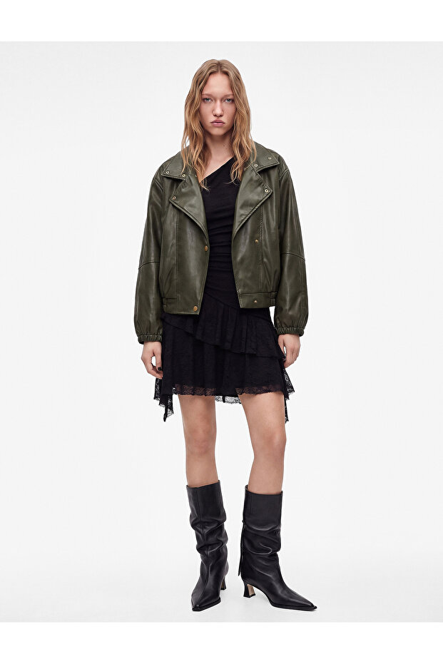 Long Sleeve Faux Leather Double Breasted Collar Jacket with Snap Button Pockets