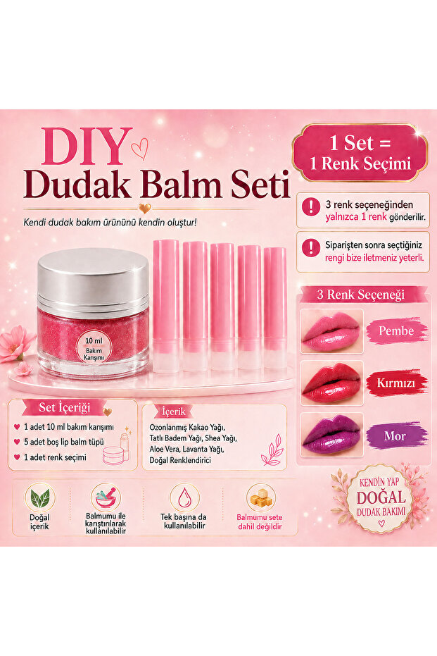 DIY Lip Balm Making Kit – 10 ml Natural Care Mix + 5 Lip Balm Tubes – 1 Color Choice