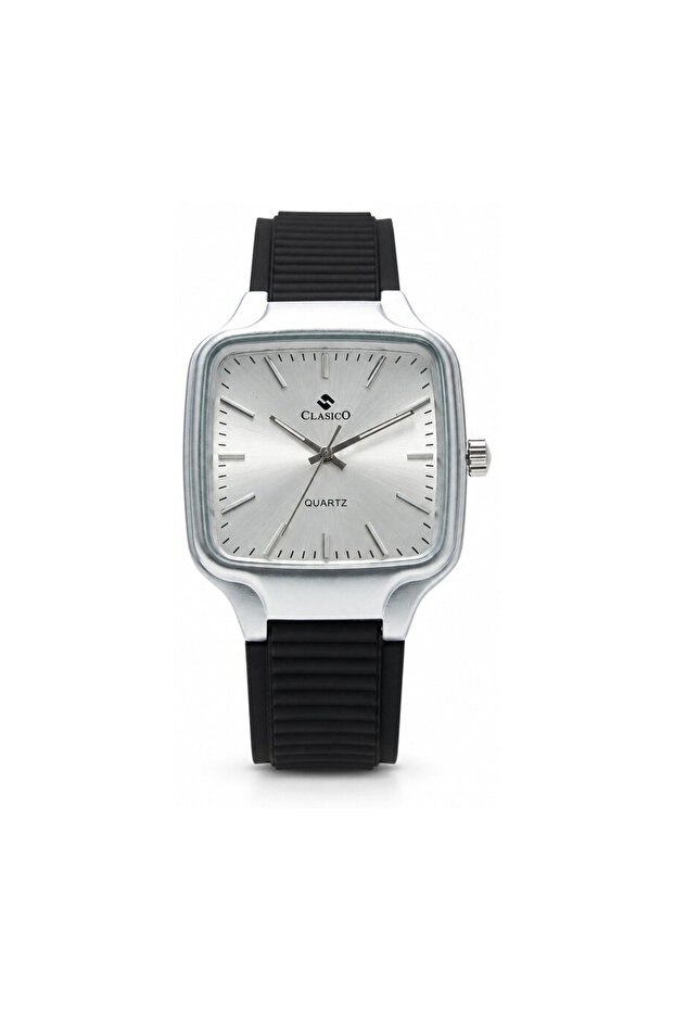 Sleek Men’s Analog Watch – Square Dial, Japanese Elite Y121 Quartz Movement, Silicone Strap & Stainless Steel Case Back – Silver Case