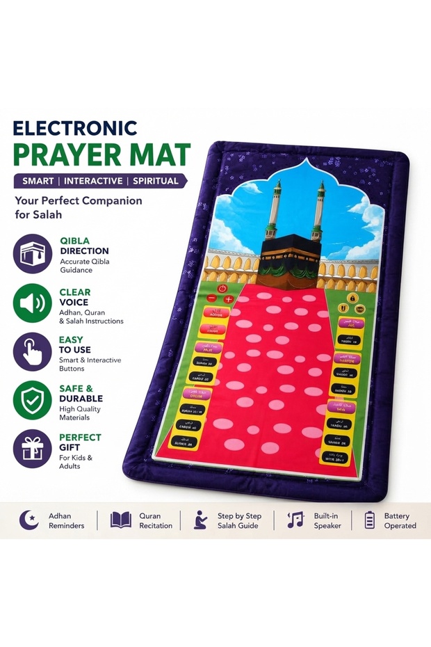 Kids Electronic Muslim Prayer Mat - Educational Rug with Quran Surahs, Adhan & Dua Guidance