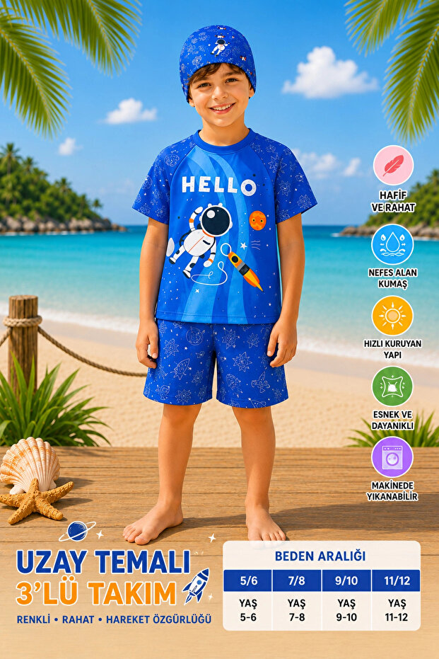 Boys' Space Printed 3-Piece Swimsuit Set – T-Shirt, Shorts and Cap