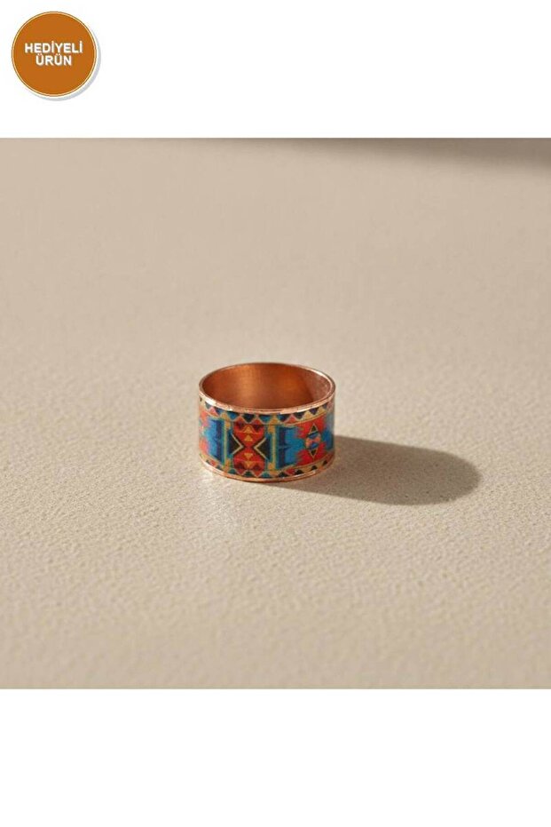 Copper Turquoise Red Kilim Patterned Wide Adjustable Ring | 100% Handmade Copper 778