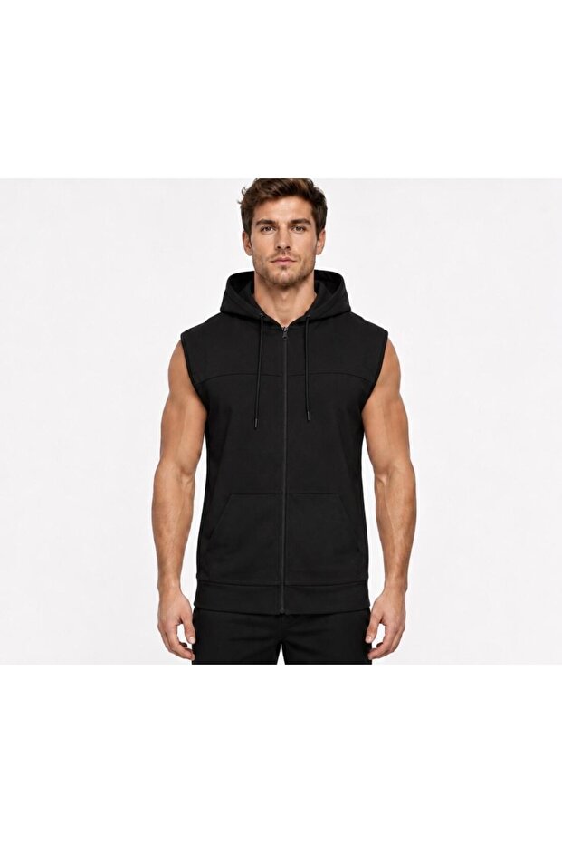 Men's Black Zippered Hooded Kangaroo Pocket Sleeveless Interlock Vest-Y1142