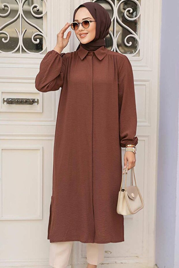 Buttoned Brown Hijab Dress 41401Kh
