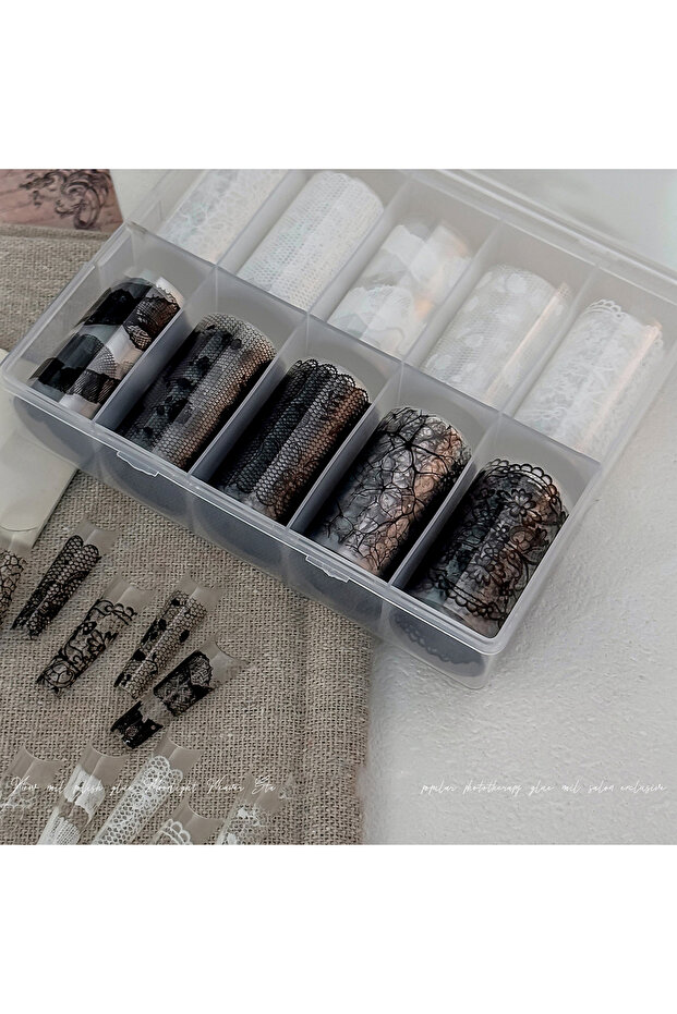 white black 1 Box New Macaron Color Lace Nail Transfer Decals Black White Pink Blue Flower Nail Foil