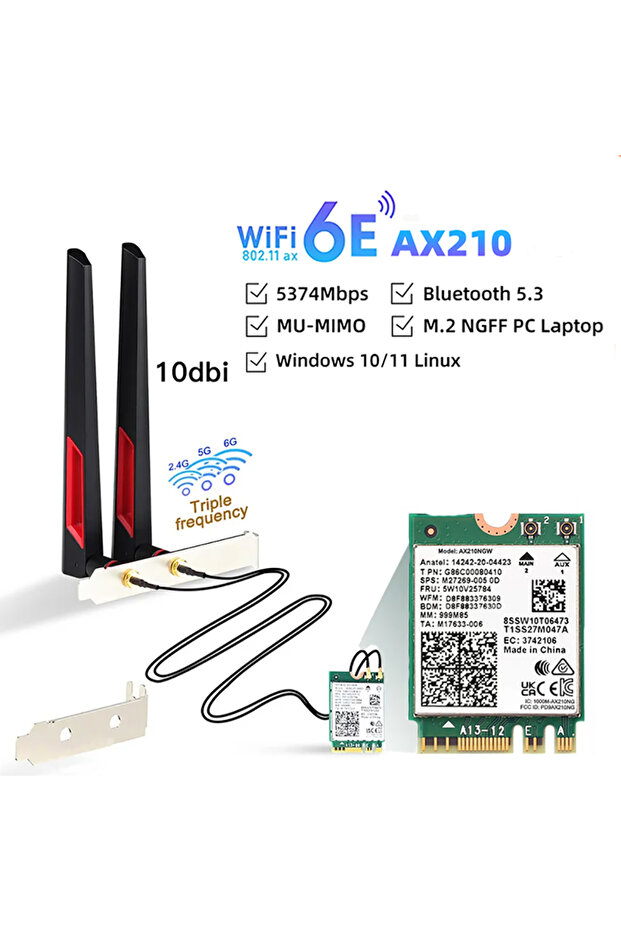 WiFi 6 Card AX210 Bluetooth 5.3 5374Mbps Adapter 2 In 1 Desktop Kit 10DBi Antennas 802.11ax 2.4G/5G