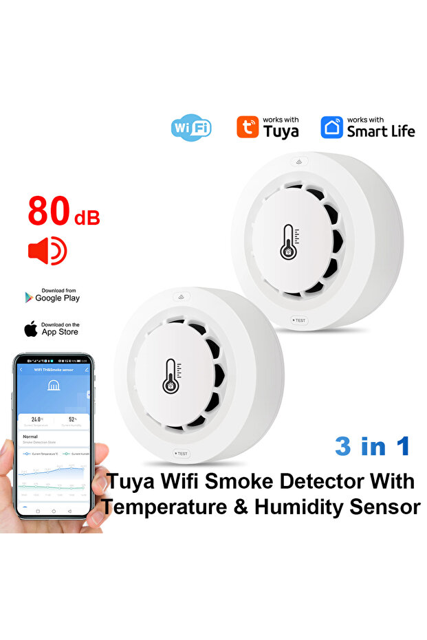 2pcs Tuya Wifi BT Two Connection Smoke Detector Temperature Humidity Measurement Device 80dB Sound A