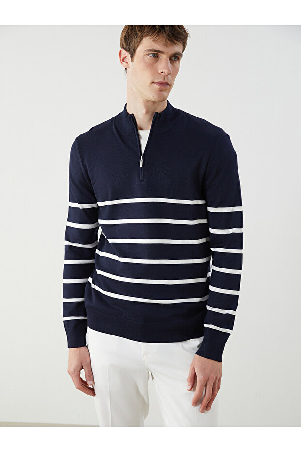 Southblue Navy Blue Mock Neck Striped Men's Knitwear Sweater