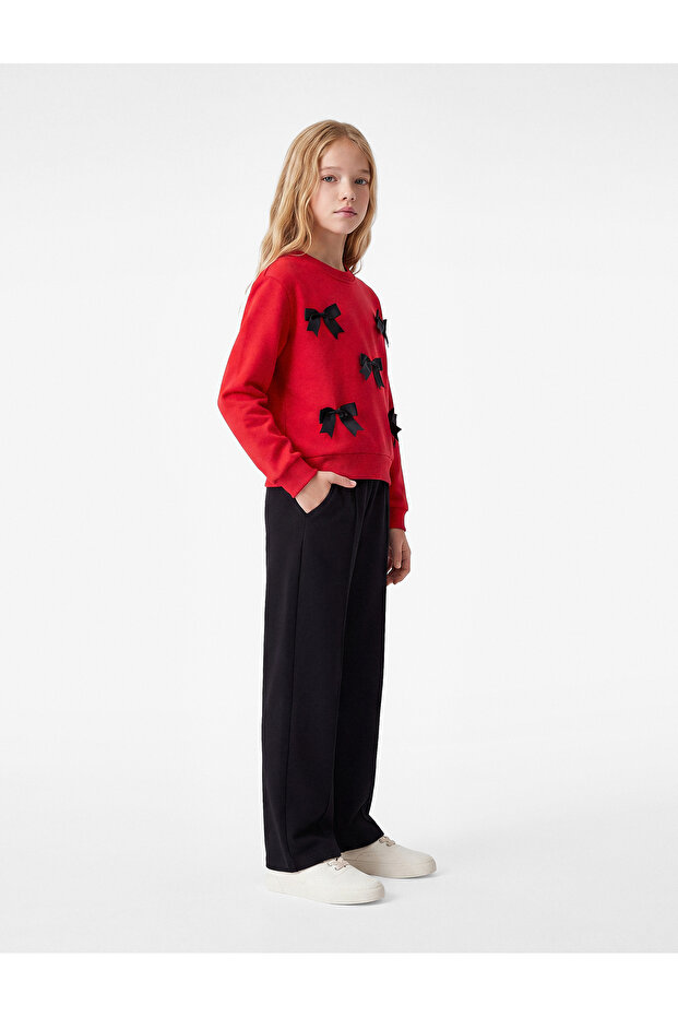 Bow-Tie Long Sleeve Crew Neck Cotton Ribbed Sweatshirt