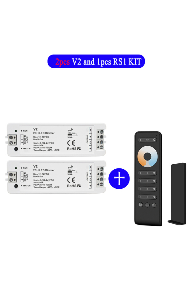 2xV2 and RS2 KIT 4 Zone CCT LED Dimmer Kit DC 12V 24V 2CH Dual Color LED Controller V2 Touch Wheel 2