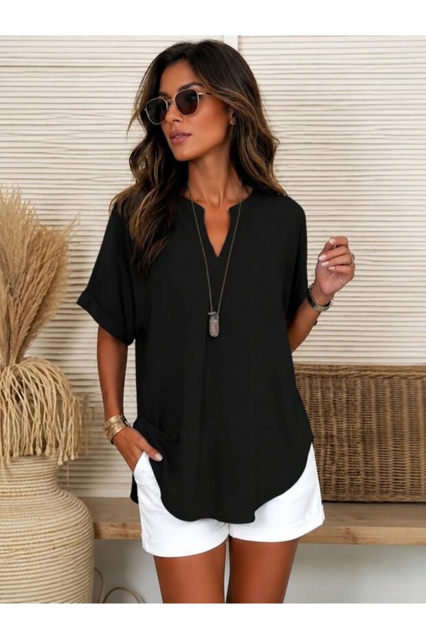Women's Short Sleeve V-Neck Long Blouse