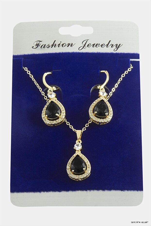Spt-Gld Drop Zircon Stone Set (53022) Necklace Black