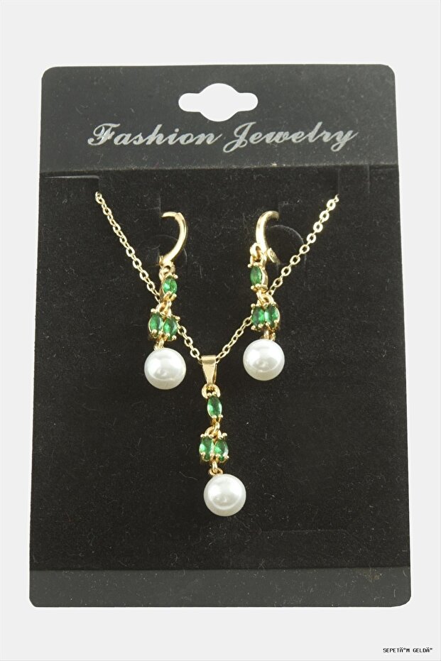 Spt-Gld Flower Pearl Zircon Stone Set (53009) Necklace Green