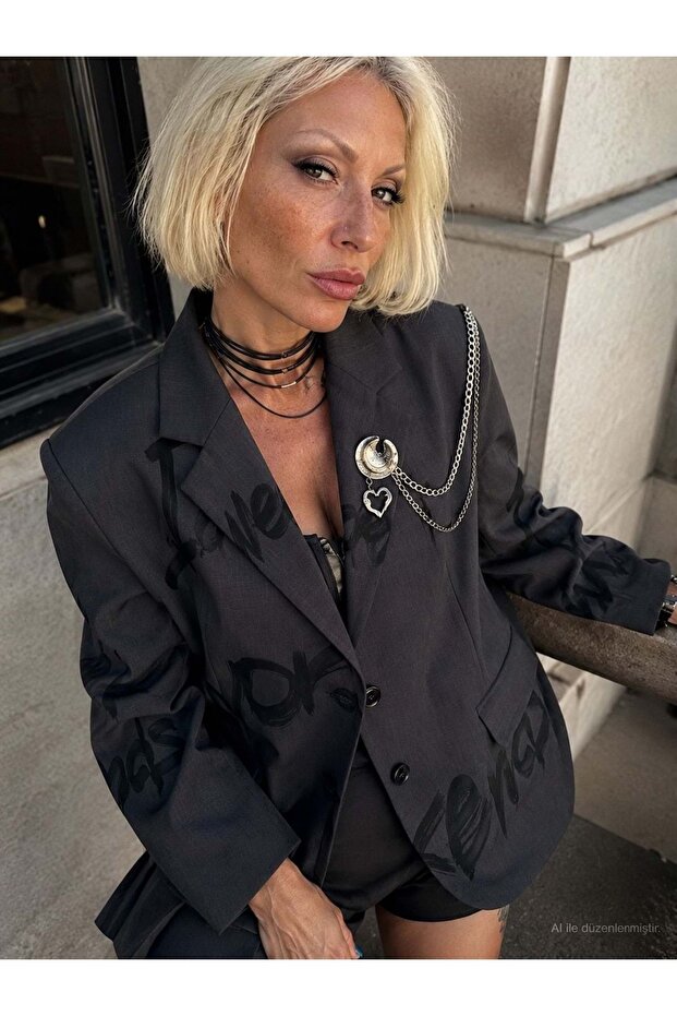 Signature Selection Graffiti Blazer Jacket with Brooch Chain Detail Anthracite