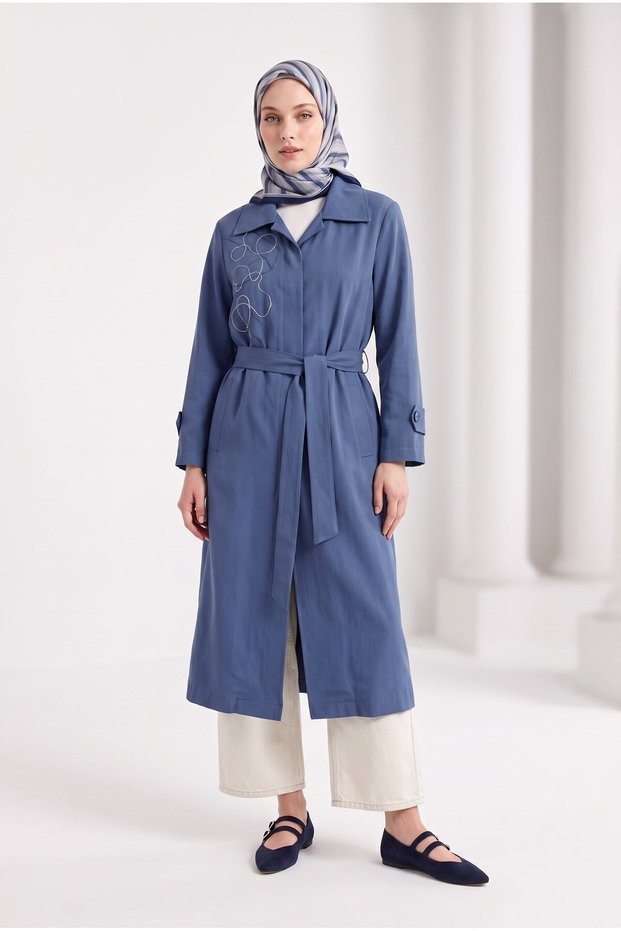 Embroidery Detailed Waist Belted Long Hijab Dress Indigo 26Yt519