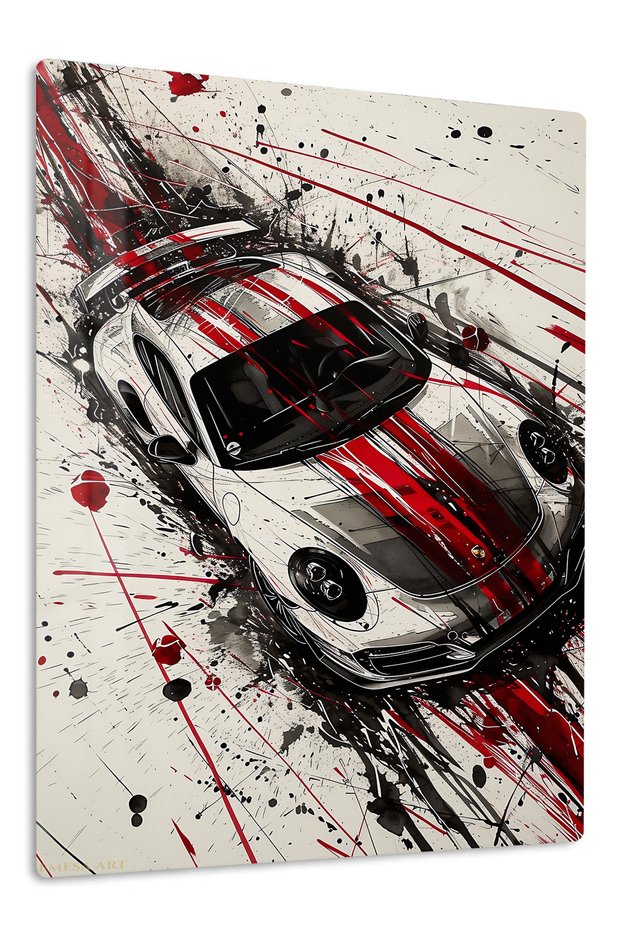 White Red Track Sports Car Splash Metal Wall Art