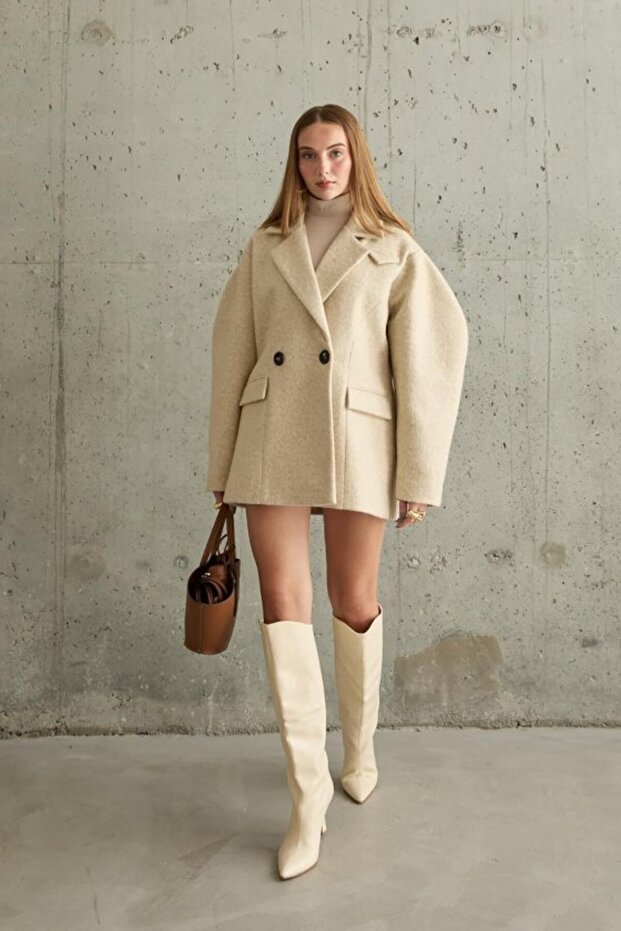 Beige oversize two button cashmere coat