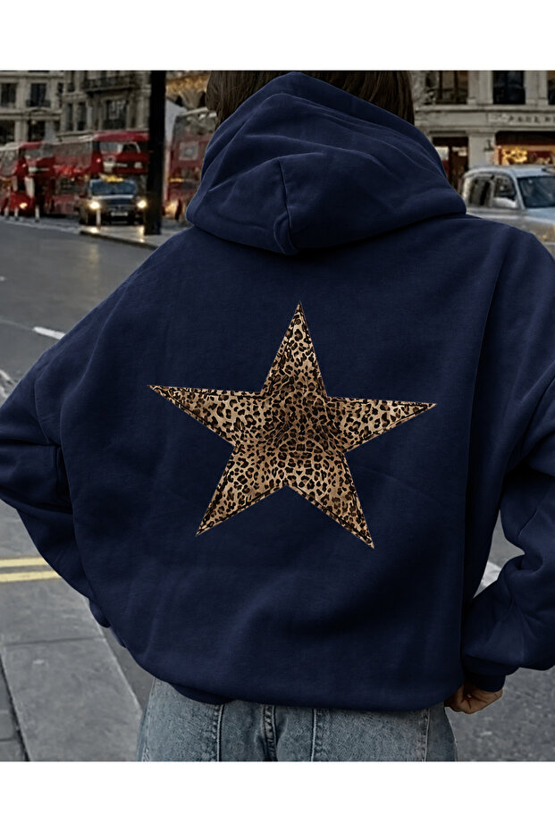 Leopard Star Back Printed Oversized Women's Hooded Sweatshirt
