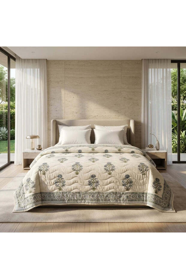 Cream & Dusty Blue Floral Jaipur Indian Hand Block Print Quilted Comforter