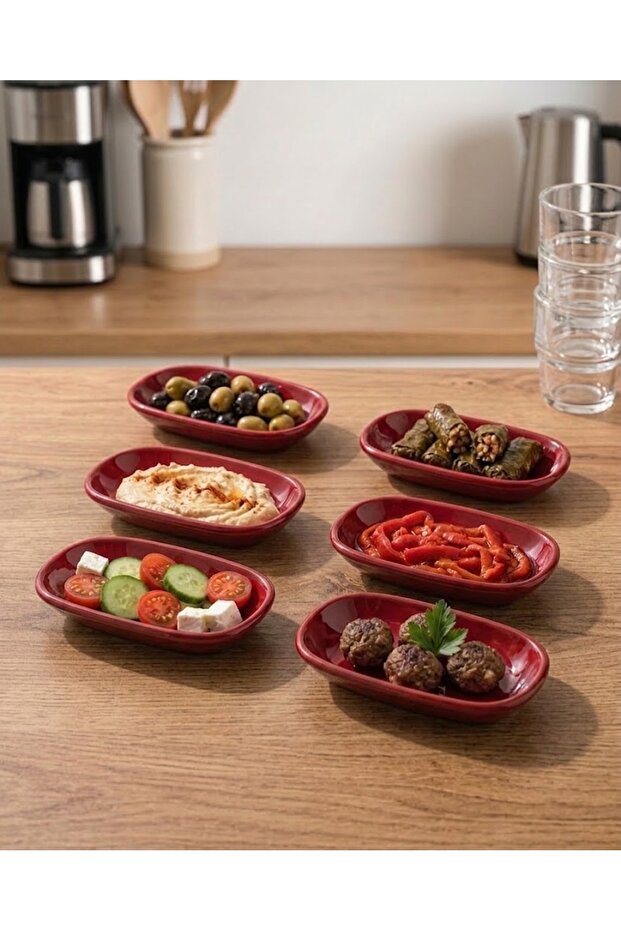 6 Pieces Red Kayık Unbreakable Melamine Kayık Plate Appetizer Plate Olive Dish (19 X 11 cm)