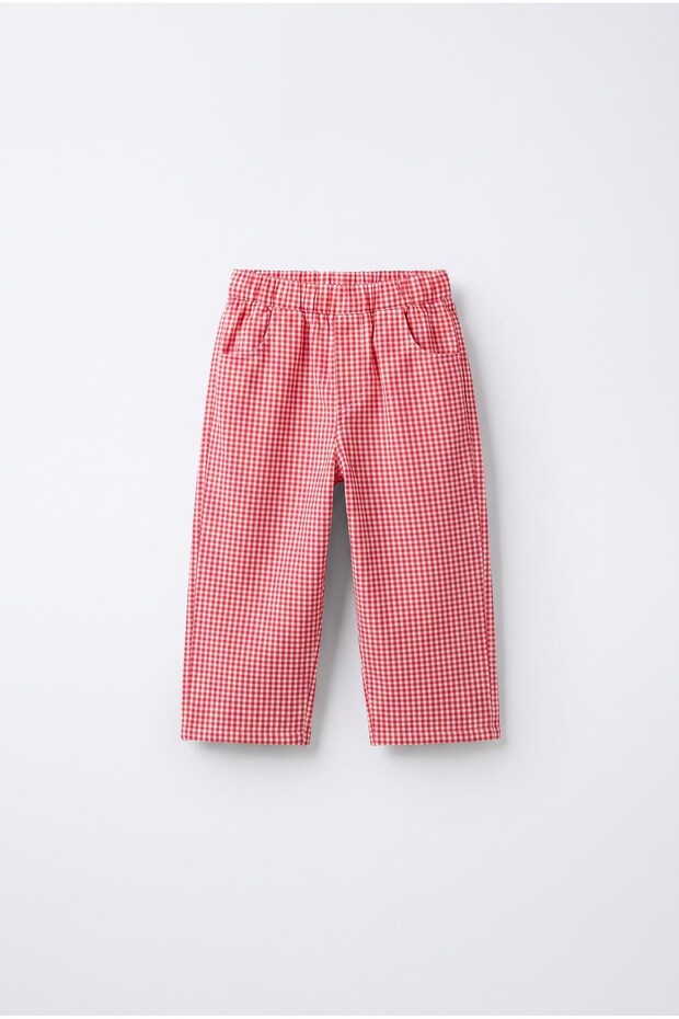 Girl's Red Gingham Patterned Wide-Leg Pants