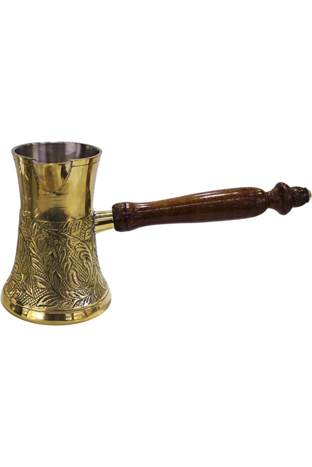 Latas Turkish Style Brass Coffee Pot with Wooden Handle |Embossed Floral Design| for Making Tea, Coffee