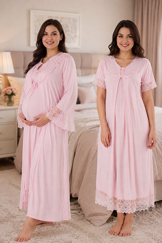 Lace Detailed Maternity Nightgown Set with Dressing Gown