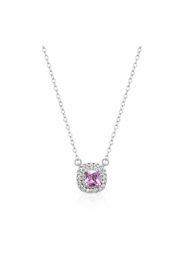 Women's Silver Color Steel Necklace with Pink Square Stone and Zircon Detail