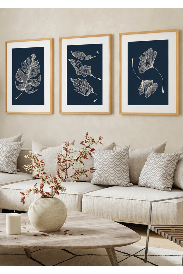 Natural Wood Framed 3-Piece Navy Blue Botanical Leaf Painting Set Decorative Wall Decor for Living Room Living Bedroom