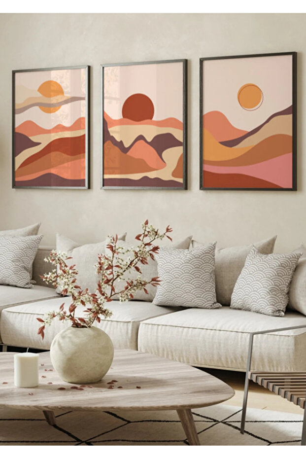 Natural Wooden Framed 3-Piece Sunset Painting Set Decorative Wall Decor for Living Room, Bedroom, Kitchen