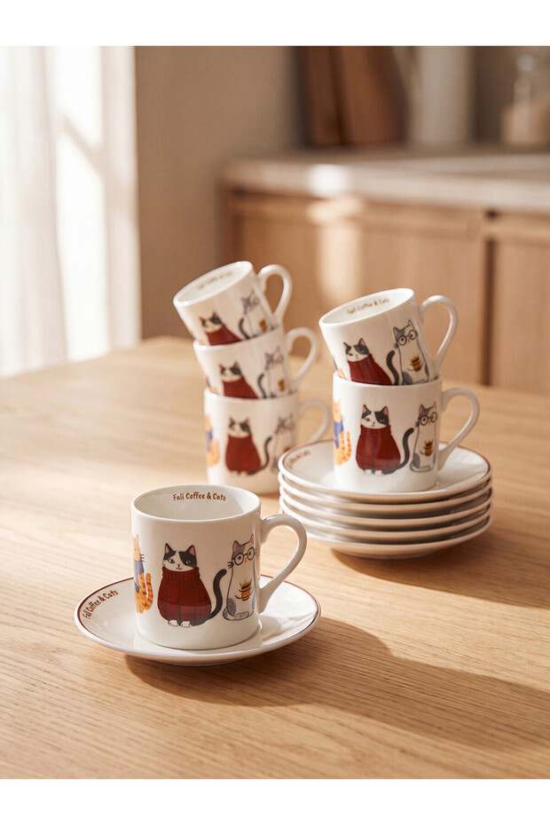 Renkli̇mağazadan Cat Printed 6-Person Coffee Cup Set
