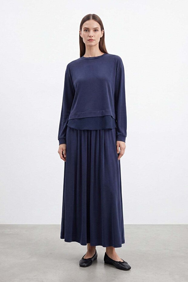 Chiffon Detailed Modal Skirt Suit Navy Blue 14420