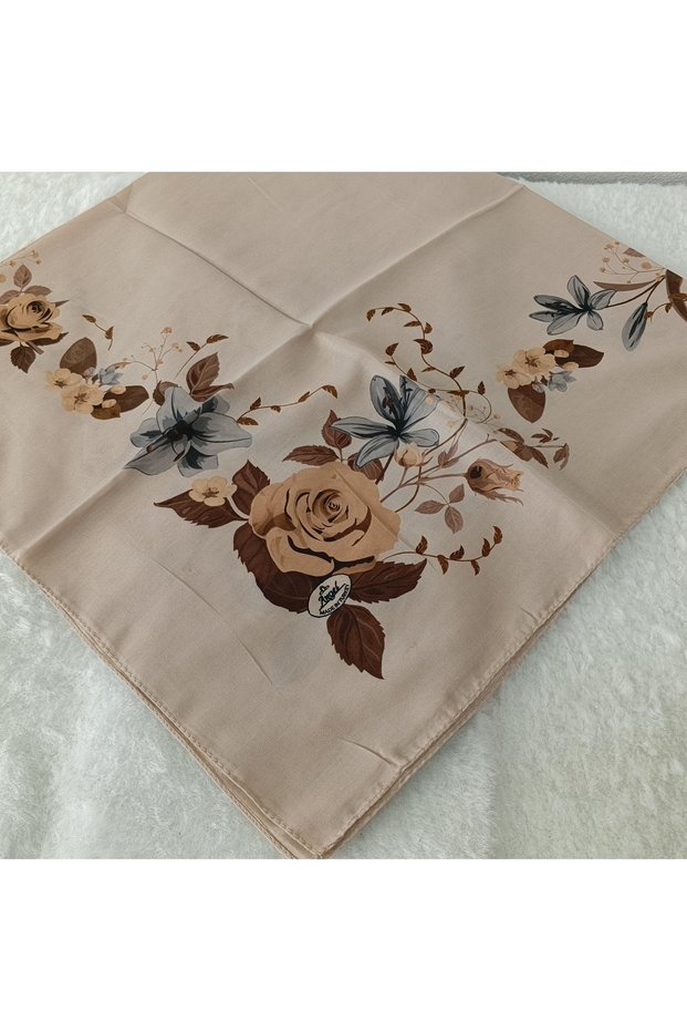 Patterned Stitched Unlined Writing Tulle Yemeni Foulard Scarf 100X100 Cm, Middle Part Empty