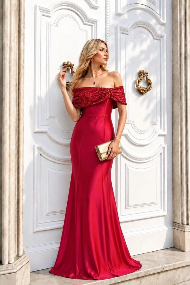 Women's boat neck sequined mermaid evening dress