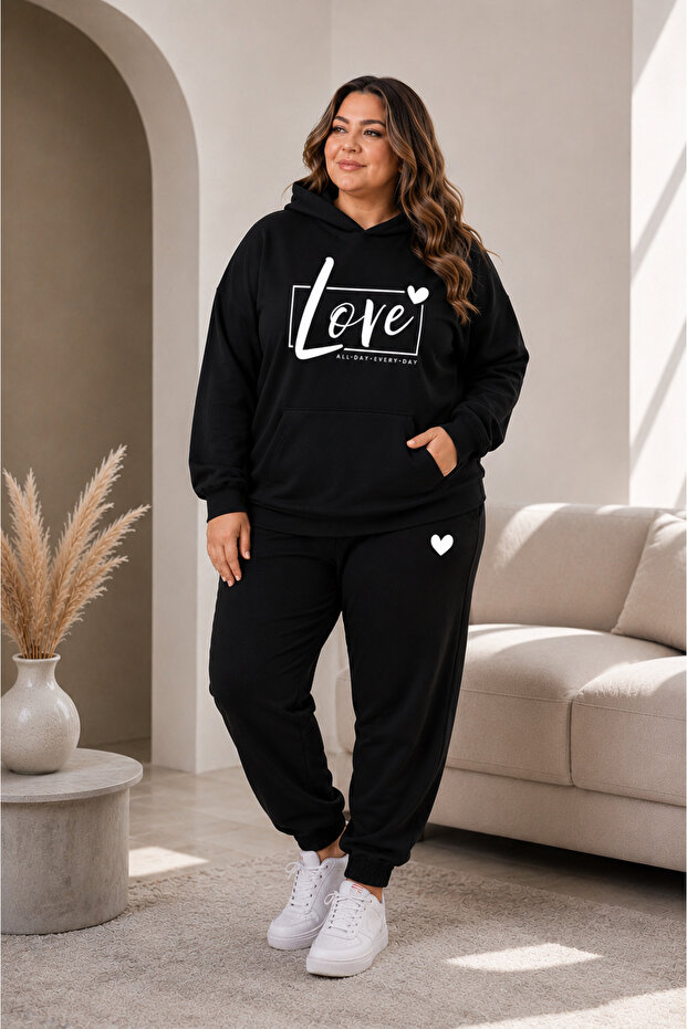 Women's Plus Size 3 Thread Winter Hooded Love Printed 2-Piece Tracksuit Set Oversize Sweatshirt Elasticized Cuffs L-8Xl