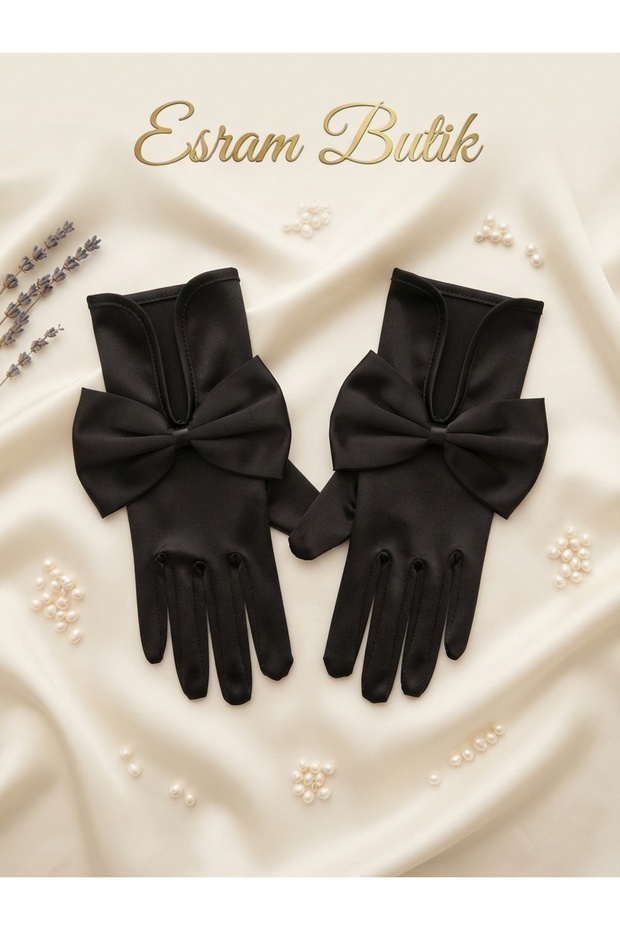 Black Satin Bow Detailed Bridal Gloves, Wedding Engagement Wedding Costume Event and Graduation Accessory