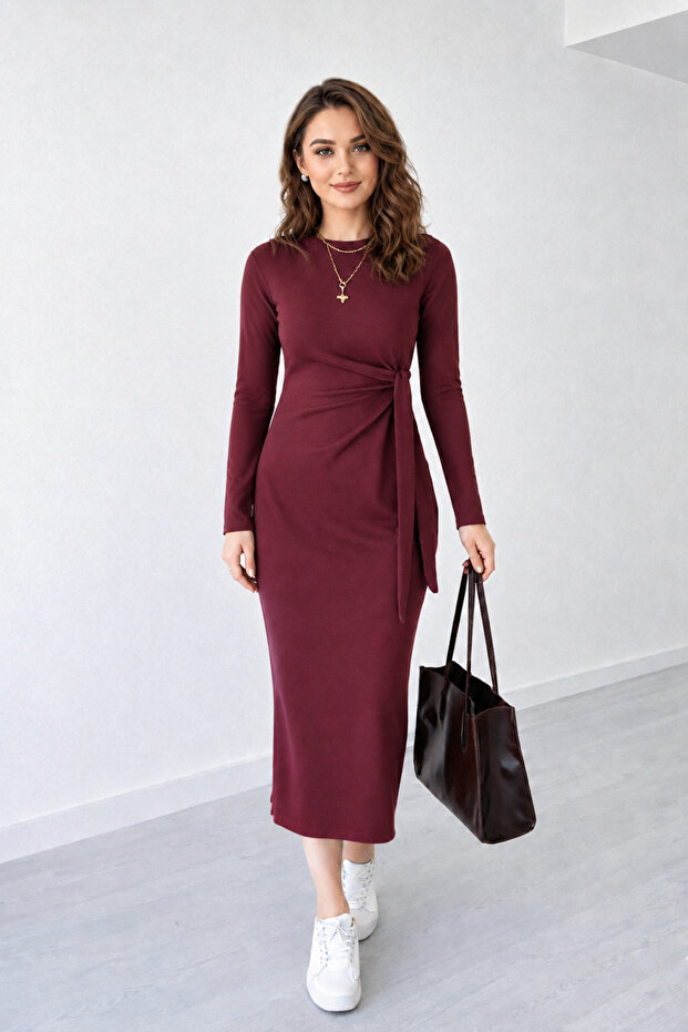 Women's Side Tie Black Modal Long Sleeve Dress.