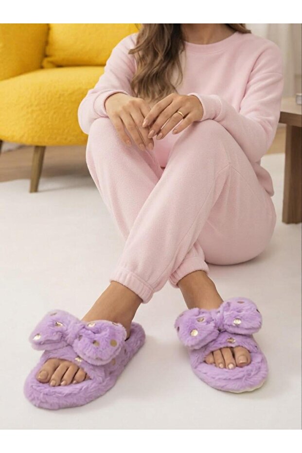 Gold Polka Dot Plush Home Slippers with Bow