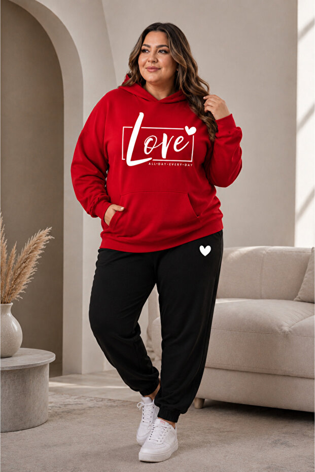 Women's Plus Size 3 Thread Winter Hooded Love Printed 2-Piece Tracksuit Set Oversize Sweatshirt Elasticized Cuffs L-8Xl