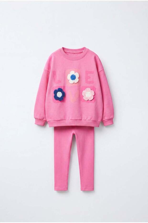 Girls' Pink School Sweatshirt and Leggings Set with Floral Appliques