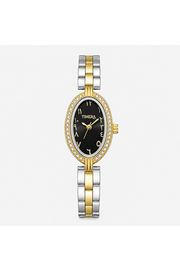 ساعة بيضاوية فضي وذهبي بمينا سوداء وأرقام عربية -TIMERA Two-Tone Oval Watch with Black Dial and Arabic Numerals